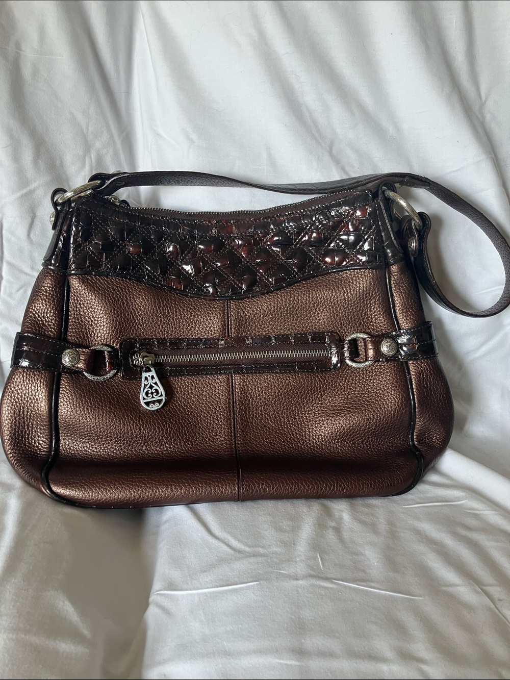 Brighton Metallic Bronze Shoulder Bag with Dark Patent Trim